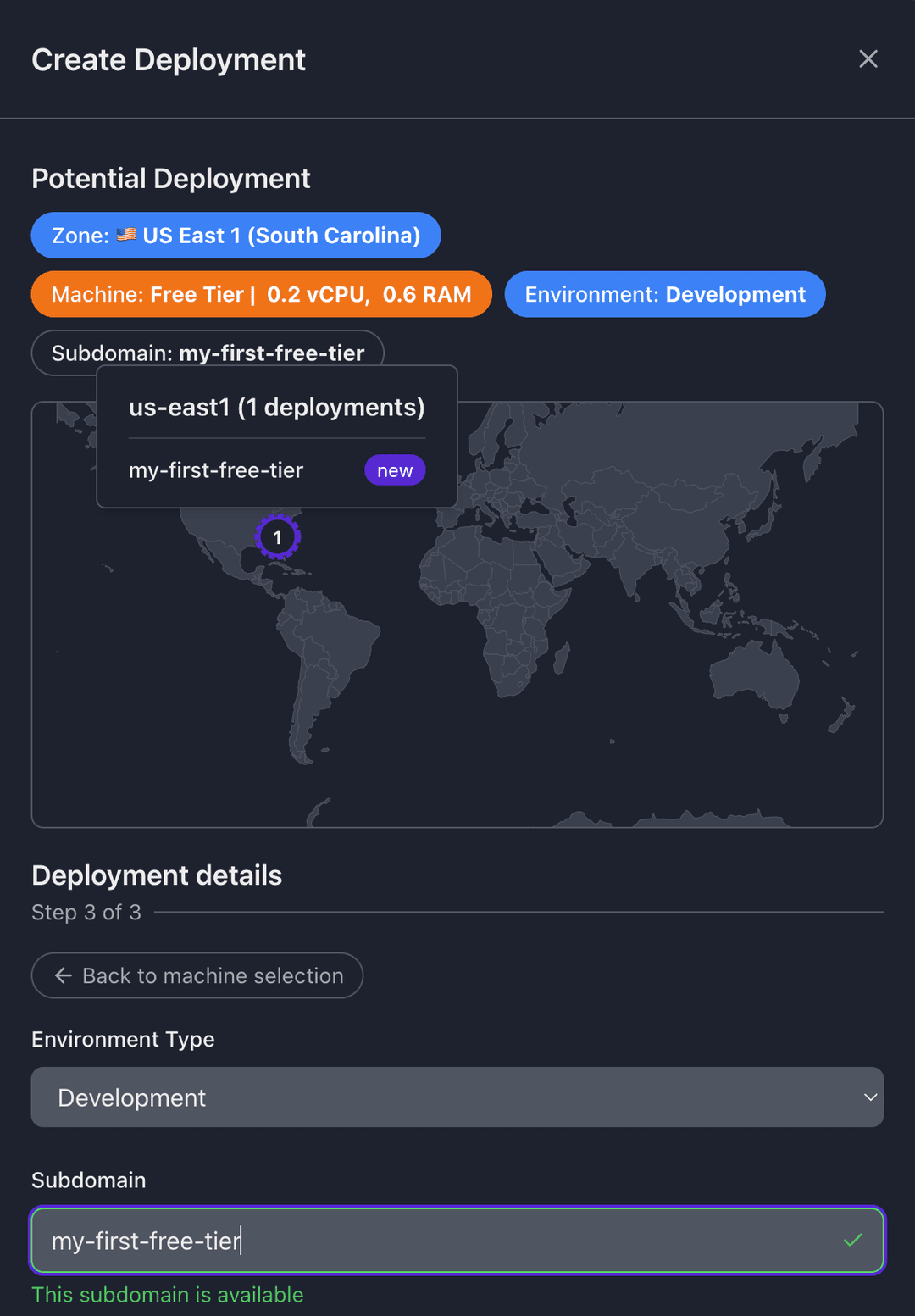 Environment and subdomain configuration showing Development environment type and custom subdomain input with availability check
